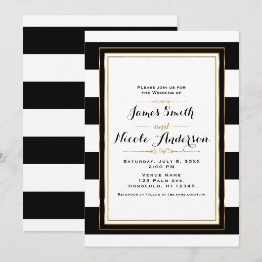 ブラック＆ホワイトのストライプ ゴールド シック エレガント ウェディング 招待状 (正面/裏面)