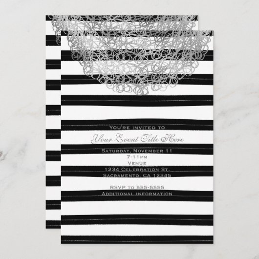 ブラック&ホワイトのストライプ&シルバーの円の招待状 招待状 (正面/裏面)