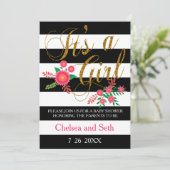 ブラック＆ホワイトのストライプ | ピンクの花柄 | ベビーシャワー 招待状 (スタンド正面)