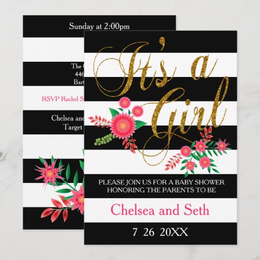 ブラック＆ホワイトのストライプ | ピンクの花柄 | ベビーシャワー 招待状 (正面/裏面)