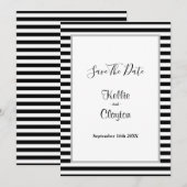ブラック/ホワイトのストライプ フォトフレーム ウェディング セーブ・ザ・デート (正面/裏面)