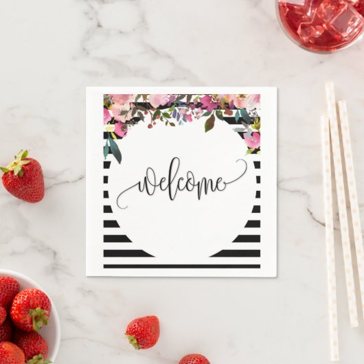 ブラック&ホワイトのストライプ フラワーペーパー コーヒー ナプキン スタンダードカクテルナプキン (インサイチュ)