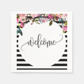 ブラック&ホワイトのストライプ フラワーペーパー コーヒー ナプキン スタンダードカクテルナプキン (正面)