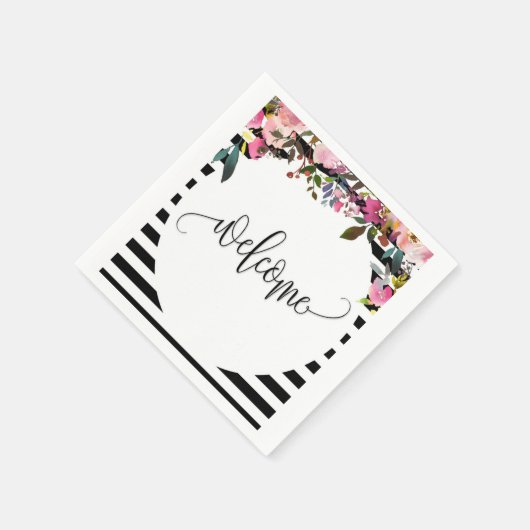 ブラック&ホワイトのストライプ フラワーペーパー コーヒー ナプキン スタンダードカクテルナプキン (角)