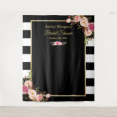 ブラック＆ホワイトのストライプ フラワー ブライダル シャワー バックドロップ タペストリー (正面)