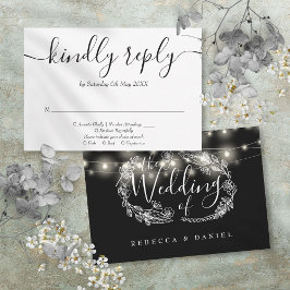 ブラック&ホワイトのストリングライトフラワーの結婚式 出欠カード