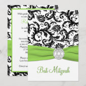 ブラック、ホワイトのダマスクとライムプリントリボン 招待状 (正面/裏面)