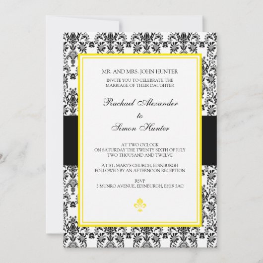ブラック＆ホワイトのダマスク柄の結婚式招待状- 黄色 招待状 (正面)