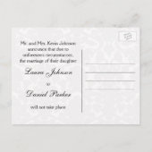 ブラック＆ホワイトのダマスク結婚式中止カード 案内ポストカード (裏面)