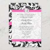 ブラック＆ホワイトのダマスク・スワール、ホットピンクのトリム 招待状 (正面/裏面)