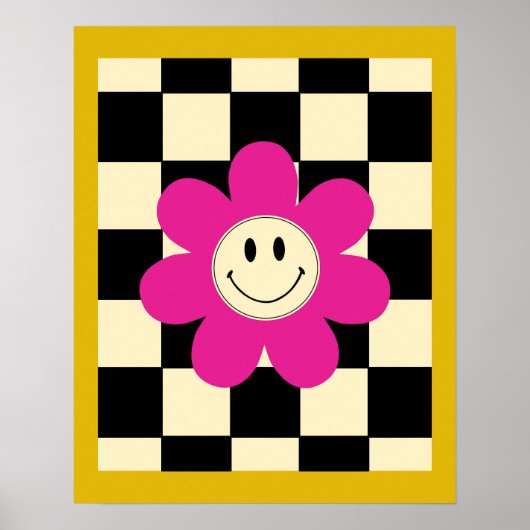 ブラック＆ホワイトのチェック柄の背景にピンクのスマイリングデイジー レトロ ポスター (正面)