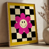 ブラック＆ホワイトのチェック柄の背景にピンクのスマイリングデイジー レトロ ポスター