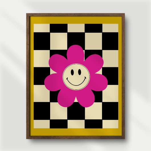 ブラック＆ホワイトのチェック柄の背景にピンクのスマイルデイジー レトロ ポスター