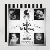 ブラック&ホワイトのベビーカーの写真 1歳の誕生日 招待状 (正面/裏面)