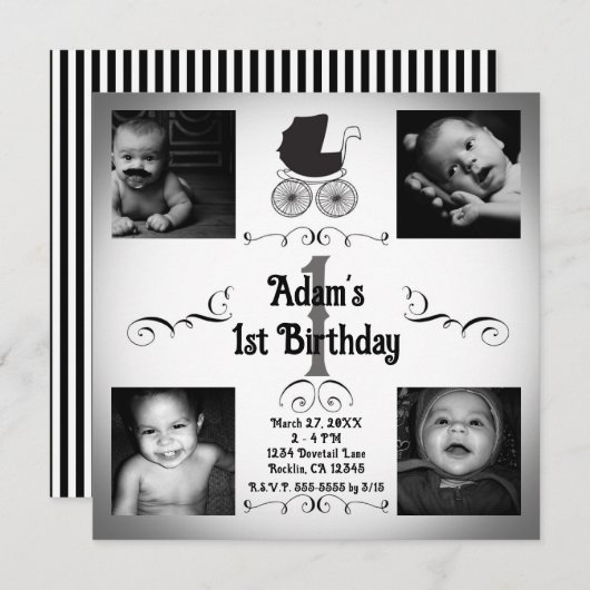 ブラック&ホワイトのベビーカーの写真 1歳の誕生日 招待状 (正面/裏面)