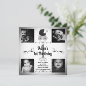 ブラック&ホワイトのベビーカーの写真 1歳の誕生日 招待状 (スタンド正面)