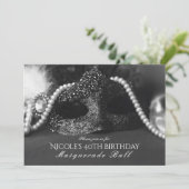 ブラック＆ホワイトのマスカレードマスクとパールの招待状 招待状 (スタンド正面)