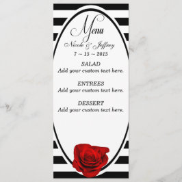 ブラック&ホワイトのメニューに赤ストライプ色の結婚バラ メニュー