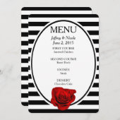 ブラック&ホワイトのメニューに赤ストライプ色の結婚バラ メニュー (正面/裏面)
