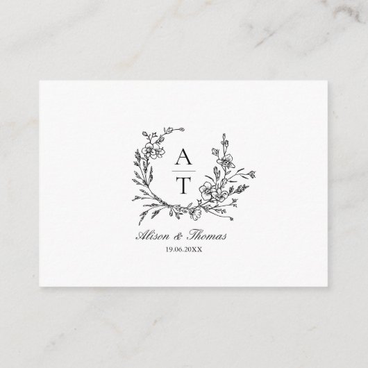 ブラック&ホワイトのワイルドフラワーモノグラム詳細カード エンクロージャーカード (裏面)