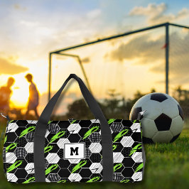 ブラック&ホワイトの抽象幾何学サッカー スポーツ ダッフルバッグ