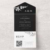 ブラック&ホワイトの春の花のミニマルQRコード オールインワン招待状 (内側)