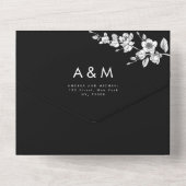 ブラック&ホワイトの春の花のミニマルQRコード オールインワン招待状 (裏面)