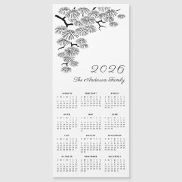 ブラック&ホワイトの松の枝の植物カレンダー 2026