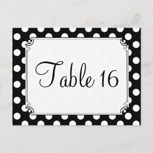ブラック&ホワイトの水玉模様の結婚式テーブルナンバー ポストカード (正面)