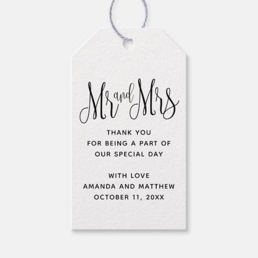 ブラック＆ホワイトの結婚式のお礼 Mr&Mrs. ギフトタグ (正面)