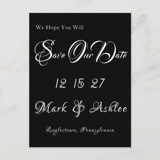 ブラック&ホワイトの結婚式延期はがき ポストカード (正面)