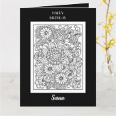 ブラック&ホワイトの花柄のぬり絵バースデーカード カード (黄色い花)
