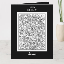 ブラック&ホワイトの花柄のぬり絵バースデーカード カード