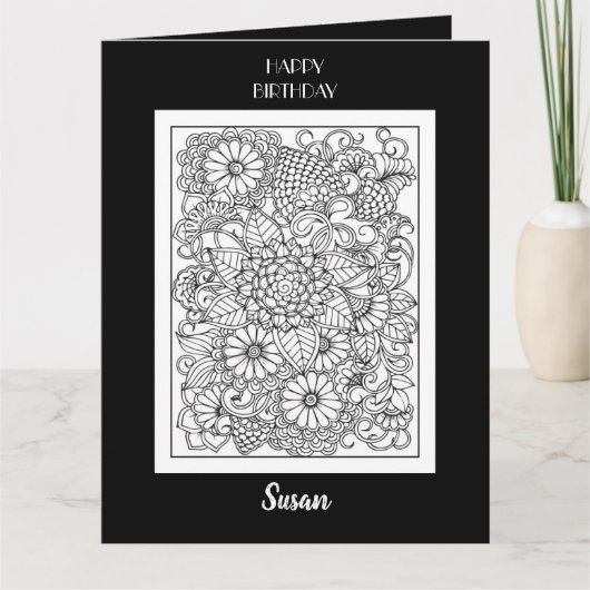 ブラック&ホワイトの花柄のぬり絵バースデーカード カード (正面)