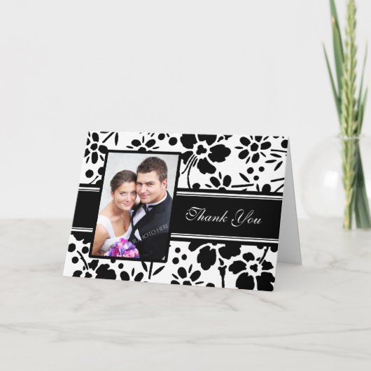 ブラック＆ホワイトの花柄写真ウェディング感謝カード サンキューカード (正面)