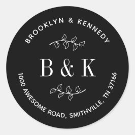 ブラック・ホワイトの花柄 ウェディング カップル 返信先住所 ラウンドシール