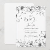 ブラック＆ホワイトの花柄 ブライダルシャワー 招待状 (正面/裏面)