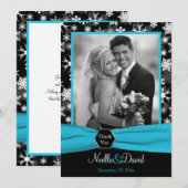 ブラック, ホワイトアクアの雪の結晶 お礼カード - フラット 招待状 (正面/裏面)