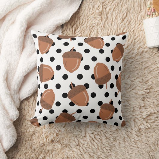 ブラック&ホワイトアコーンボタニカル水玉模様コージー秋 クッション (ブランケット)