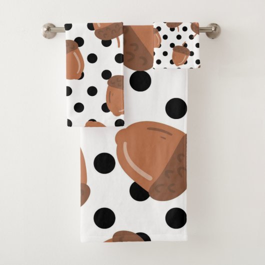 ブラック&ホワイトアコーンボタニカル水玉模様秋デコール バスタオルセット (インサイチュ)