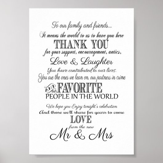 ブラック&ホワイトエレガントな結婚式ありがとうサインプリント ポスター (正面)