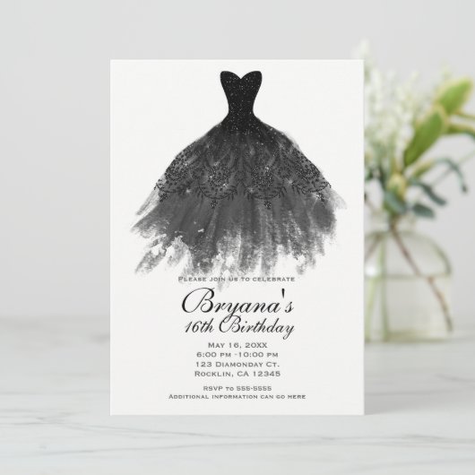 ブラック&ホワイトエレガントグラムドレススウィート16パーティー 招待状 (スタンド正面)