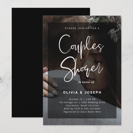 ブラック＆ホワイトオーバーレイ | フォト カップルシャワー 招待状 (正面/裏面)