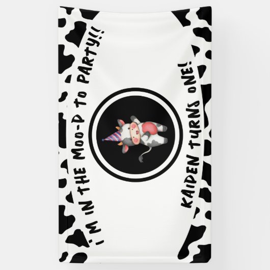 ブラック&ホワイトカウズプリント第1誕生日パーティー 横断幕 (縦)