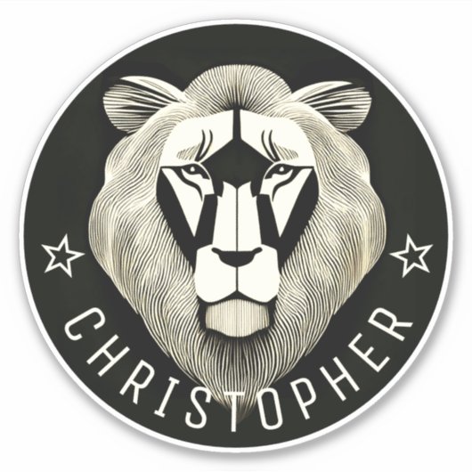 ブラック&ホワイトカッコいいオールドモダンライオン名前をカスタムする シール (正面)