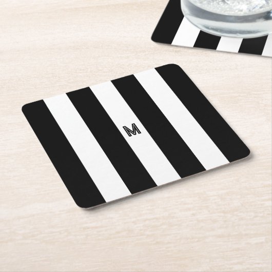 ブラック&ホワイトカバナストライプモノグラミニマルム スクエアペーパーコースター (アングル)