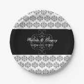 ブラック＆ホワイトカリグラフィー ヴィンテージダマスク ウェディング ペーパープレート (正面)