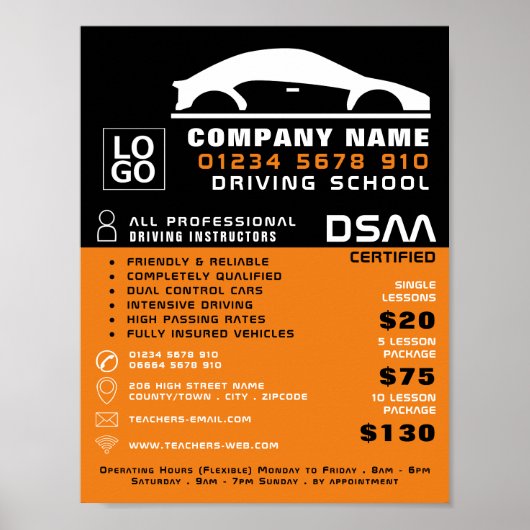 ブラック&ホワイトカーロゴ、ドライビングスクール、インストラクター ポスター (正面)