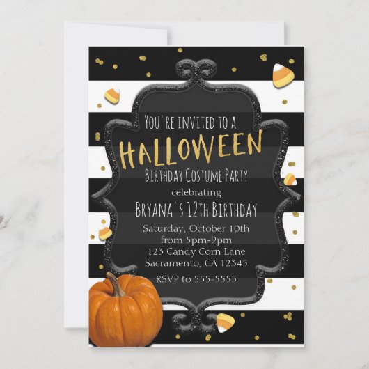 ブラック&ホワイトキャンディストライプのコーンハローウィンパーティ 招待状 (正面)