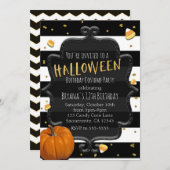 ブラック&ホワイトキャンディストライプのコーンハローウィンパーティ 招待状 (正面/裏面)